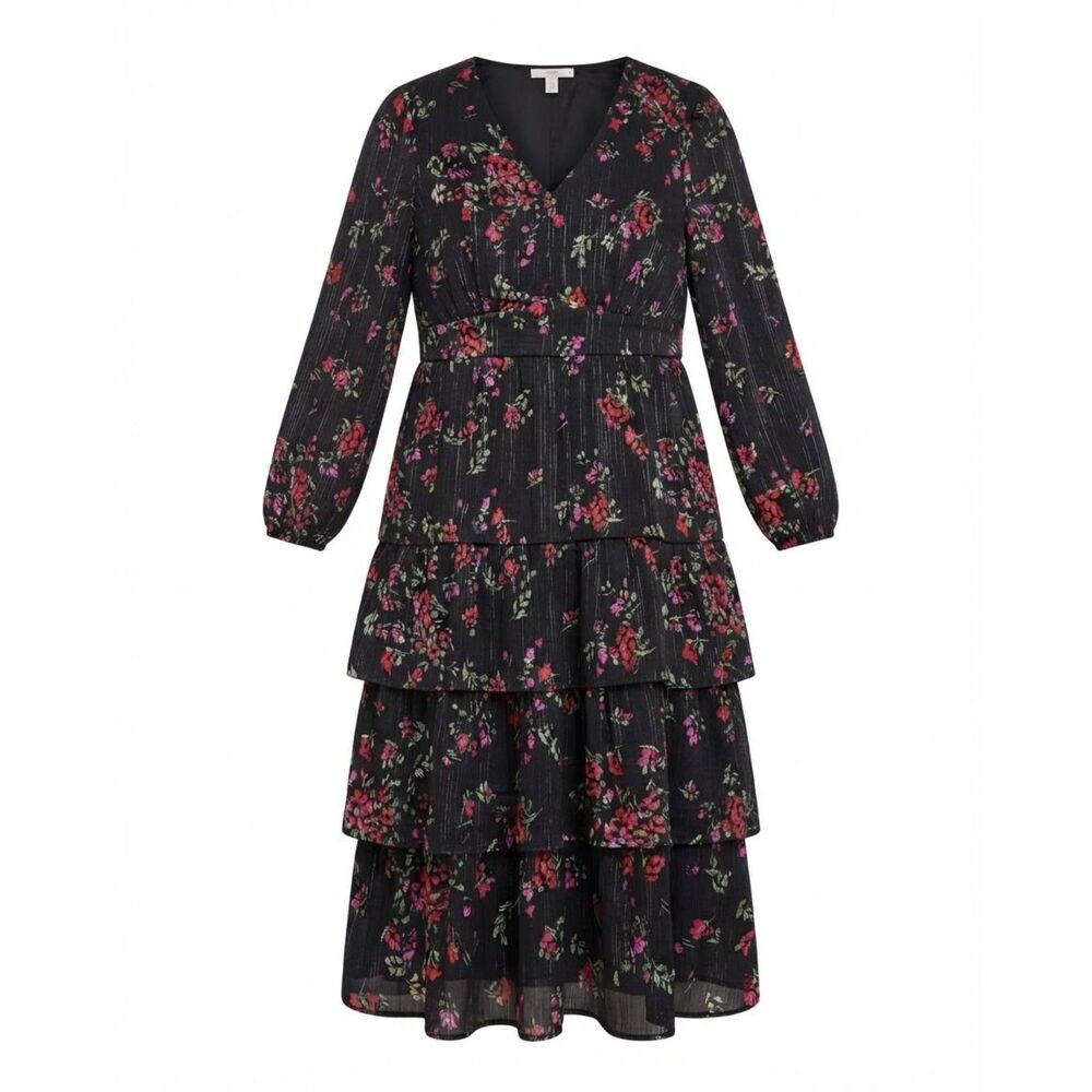 Women's Floral V-Neck Black Red Pink Long Balloon Sleeve Tiered Midi Dress 3XL